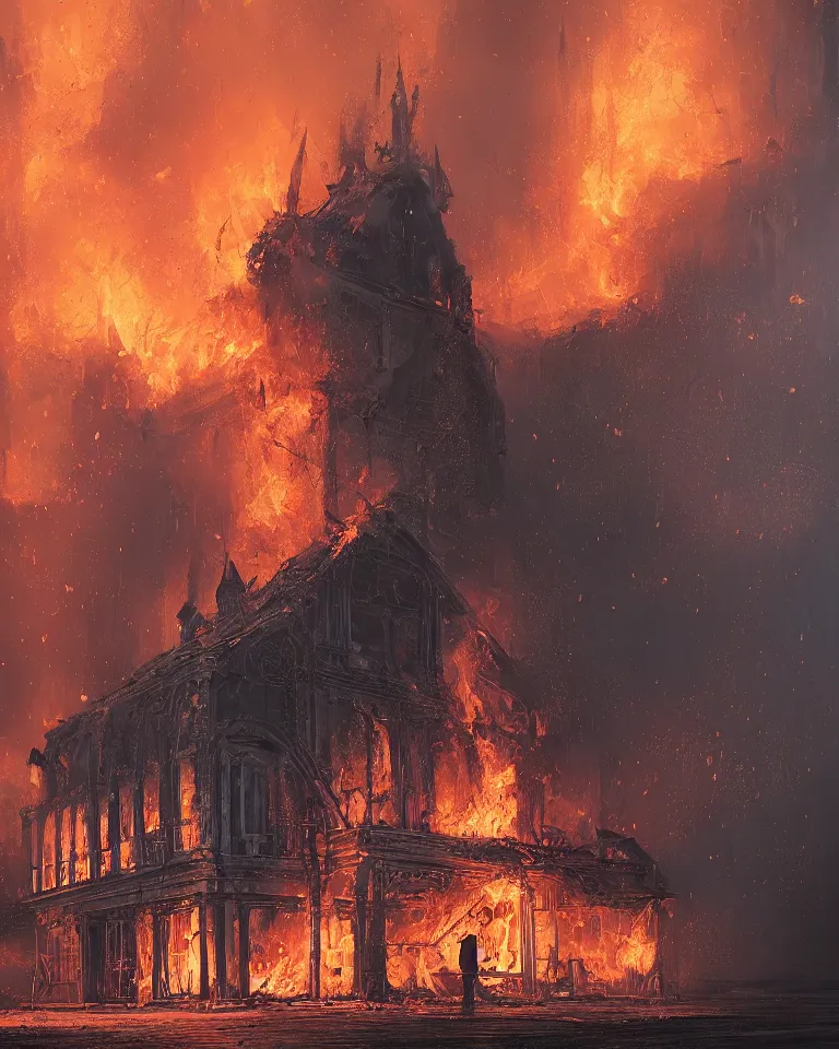 Image similar to a beautiful hyperrealistic architecture painting of a detailed burning church on fire by Alena Aenami, Anton Semenov, Alejandro Burdisio, trending on artstation, wikiart, gigantic, octane render, brilliantly coloured, intricate, ultra wide angle, trending on artstation, dusk, smoke, embers, flames, volumetric lighting, polished, micro details, ray tracing, 8k