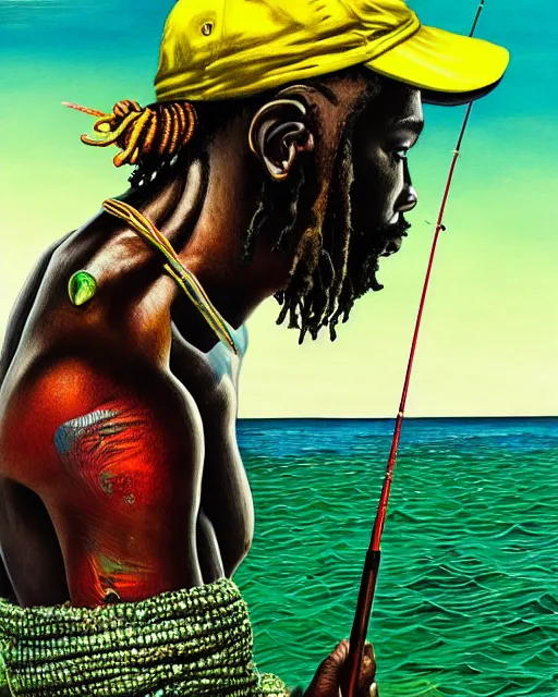 Image similar to Fisherman, Jamaican Male Fisherman, casting fishing rod into the sea, Illustration, Third-Person View, Depth of Field, Colorful with Yellow Green Black Red, insanely detailed and intricate, hypermaximalist, jamaican vibe, hyper realistic, super detailed, by Charlie Bowater, by Karol Bak