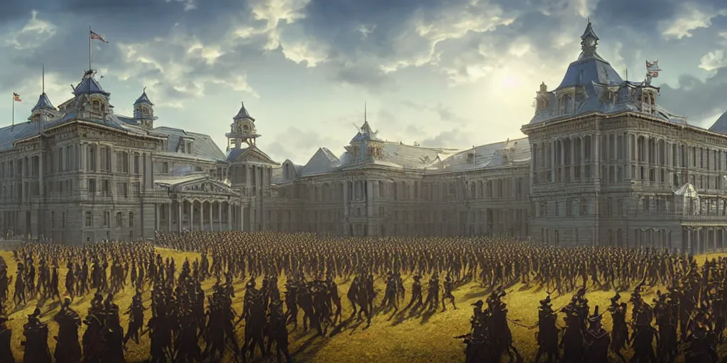Prompt: a victorian army parade ground, grand building, blue sky, sunny, detailed, volumetric, cinematic lighting, realistic, digital art by greg rukowski
