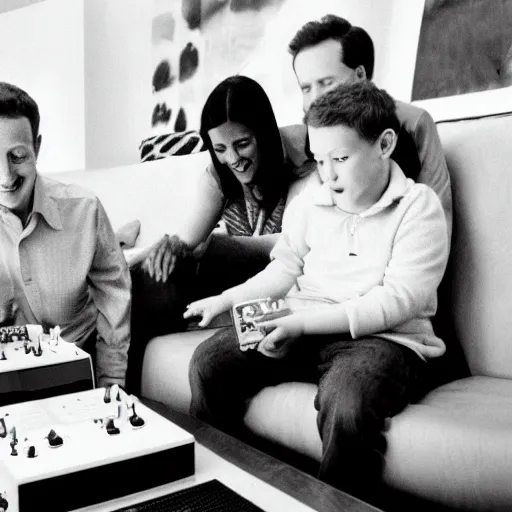 Prompt: baby mark zuckerberg playing sega genesis with baby elon musk while their parents look on. 3 5 mm photograph