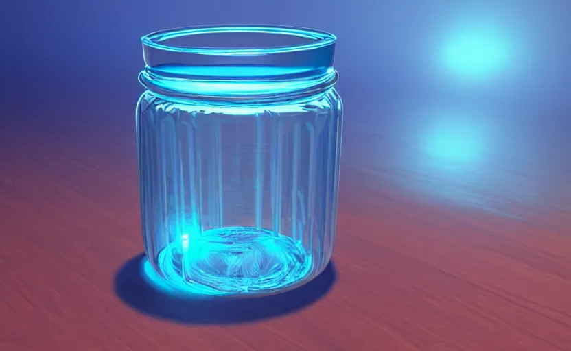 Image similar to a jar with bright cyan blue liquid in it, glowing, high detail, unreal engine