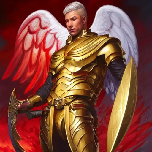 Prompt: archangel of fury, male, full-body portrait, MTG, fantasy, portrait, highly detailed, digital painting, artstation, concept art, sharp focus, illustration, art by artgerm and greg rutkowski and magali villeneuve, red white and gold color scheme