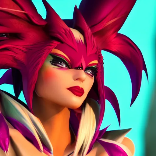 Image similar to still close up of pretty Xayah (LoL) in KDA More music video. 3d render, octane render, game art, realistic, highly detailed, trending on artstation, 4k, trending on artstation, pixar, cgsociety, unreal engine 5, redshift render, trending on artstation, blender, behance, cg