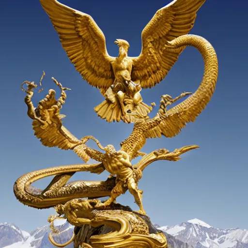 Image similar to thus spoke zarathustra, serpent and eagle, statue, by michaelangelo, by bernini, gold accents, white marble, sunshine, mountaintop, snow, highly detailed,