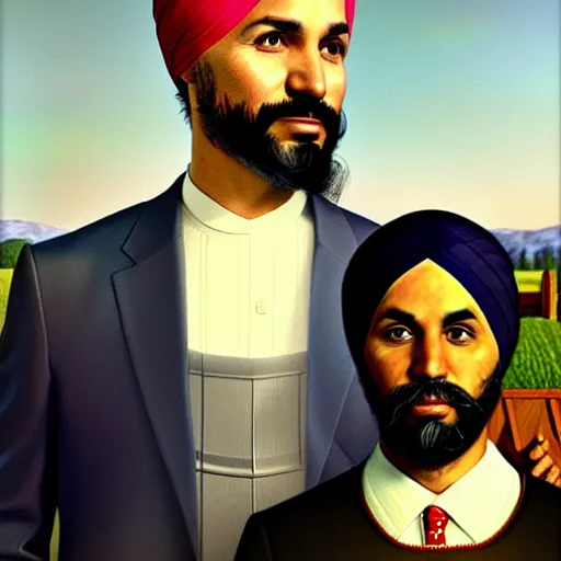 Image similar to Justin Trudeau and Jagmeet Singh in the american gothic painting, concept art, sharp focus, highly detailed digital painting by Grant Wood, artstation