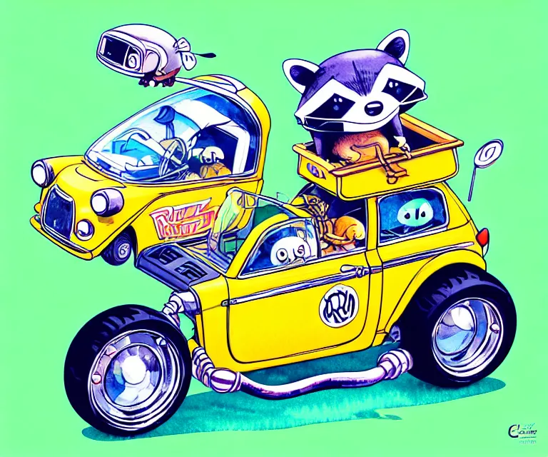 Image similar to cute and funny, racoon wearing a helmet riding in a tiny hot rod with oversized engine, ratfink style by ed roth, centered award winning watercolor pen illustration, isometric illustration by chihiro iwasaki, edited by range murata, tiny details by artgerm and beeple, symmetrically isometrically centered