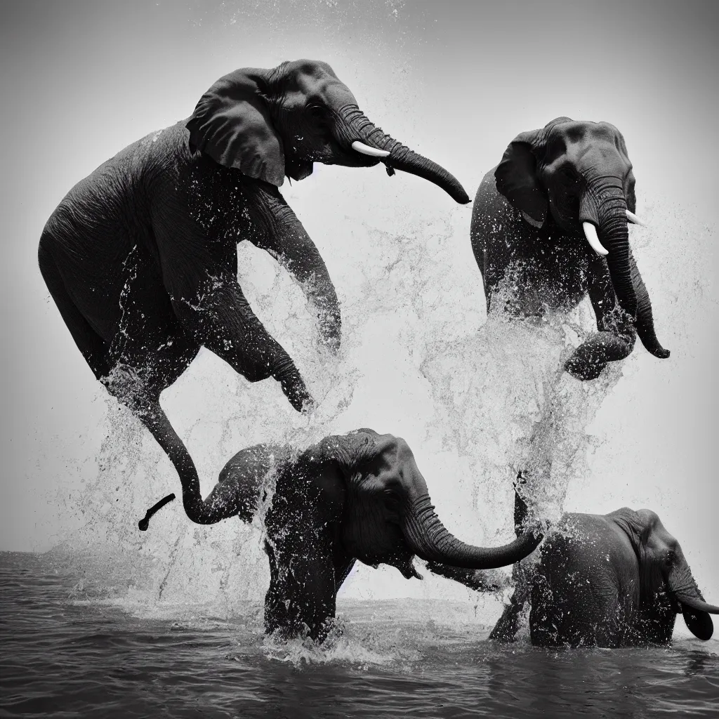 Image similar to “a black and white photo of an elephant splashing water by Maties Palau Ferré, featured on flickr, arabesque, national geographic photo, ilford hp5, majestic”