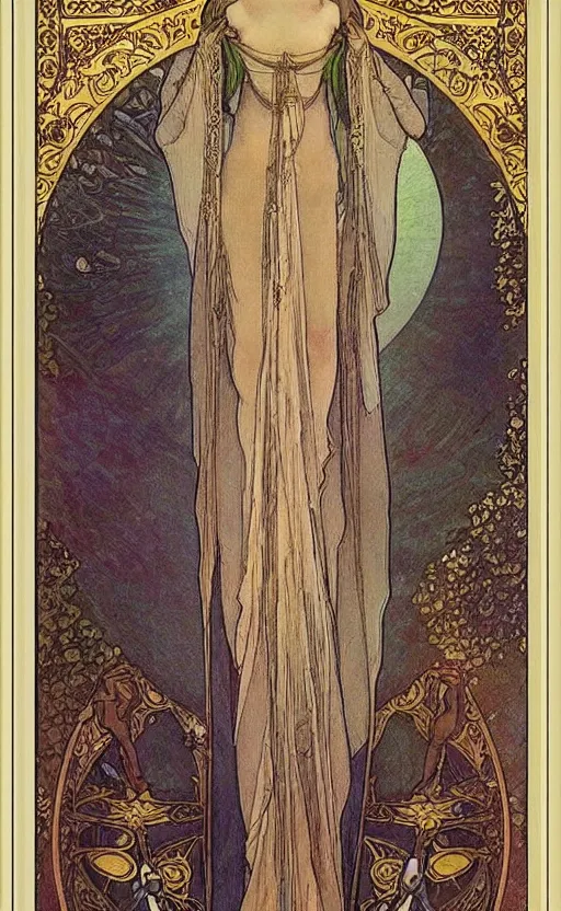 Image similar to the high priestess, tarot, beautiful border, by alfons maria mucha, highly detailded