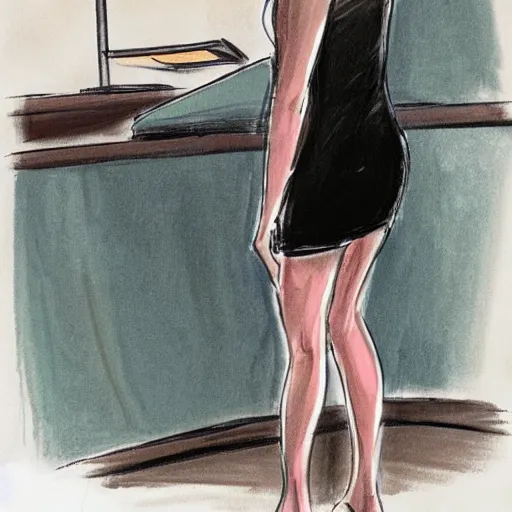 Image similar to courtroom sketch of amber heard standing on top of a bed, knees slightly bent, a brown object is underneath her