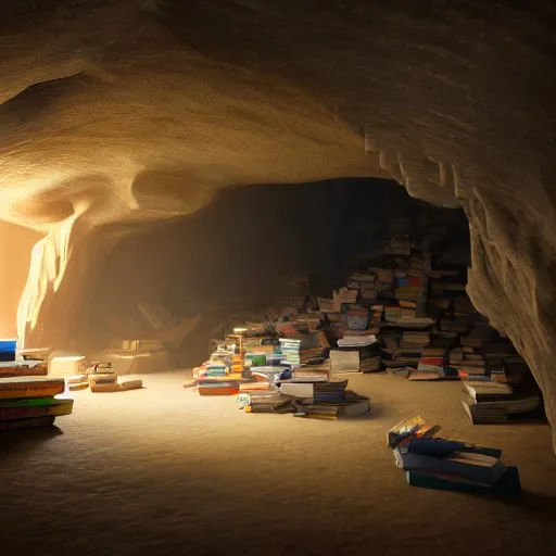 Image similar to cave full of books, 3 d render, incredible details, highly detailed, photorealistic, disney pixar, smooth, octane render, iridescent, 8 k