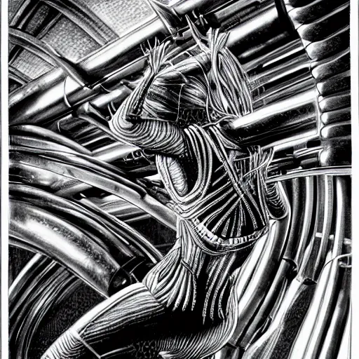 Prompt: britney spears biomechanic, complex scene, heavy in detail, corruption, smooth, sharp focus, illustration, art by h. r. giger