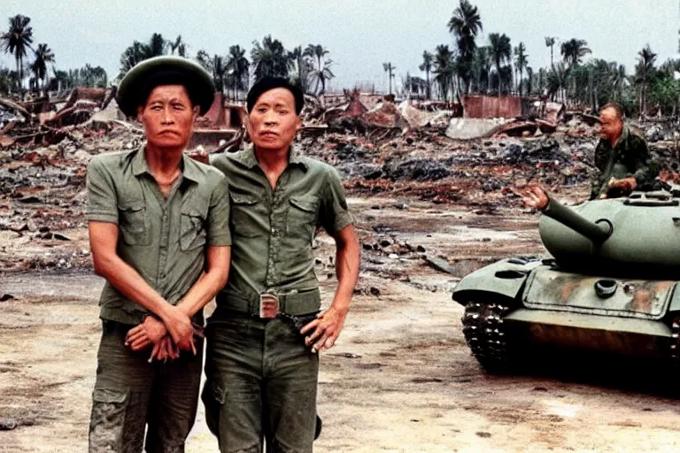 Prompt: a photo of a two mans posing in front of tank in destroyed vietnamese city, us journalism ministry photo, 1 9 6 9, color photo, perfect faces, fine details, fim still