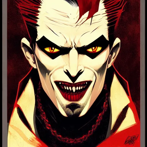 Prompt: handsome vampire king with fangs, symmetrical face, evil, portrait, cinematic, dramatic, powerful, super detailed and intricate, by koson ohara, by darwyn cooke, by greg rutkowski, by satoshi kon