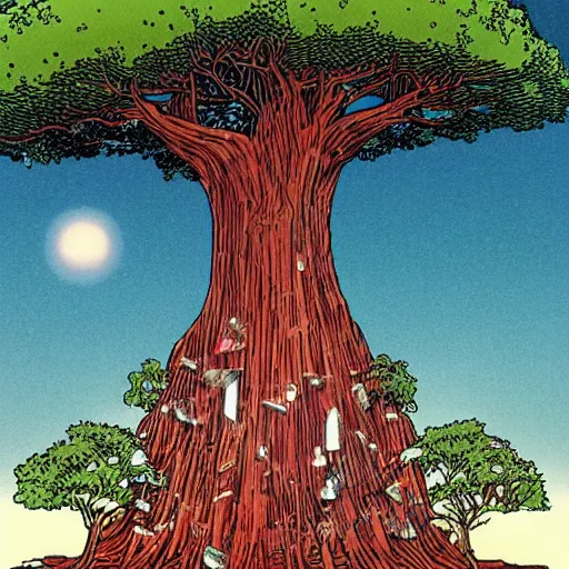 Prompt: a crystal floating in space with a large tree rooted in it, by moebius