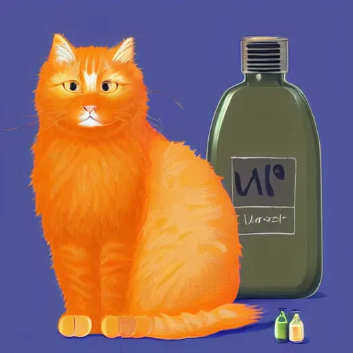 Prompt: a fluffy cat standing next to a bottle of medicine. orange cat. the cat was in a room with yellow background color. animal. digital art. artstation. realistic, vibrant, illustration. in the style of monalisa painting,