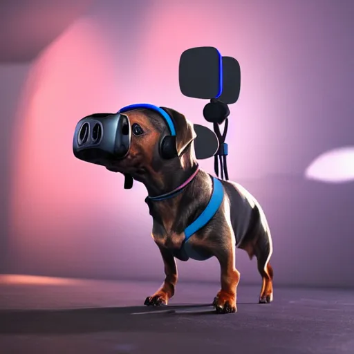 Prompt: dachshund dog wearing vr headset and htc vive trackers recording motion capture, artstation, eerie lighting, cyberpunk