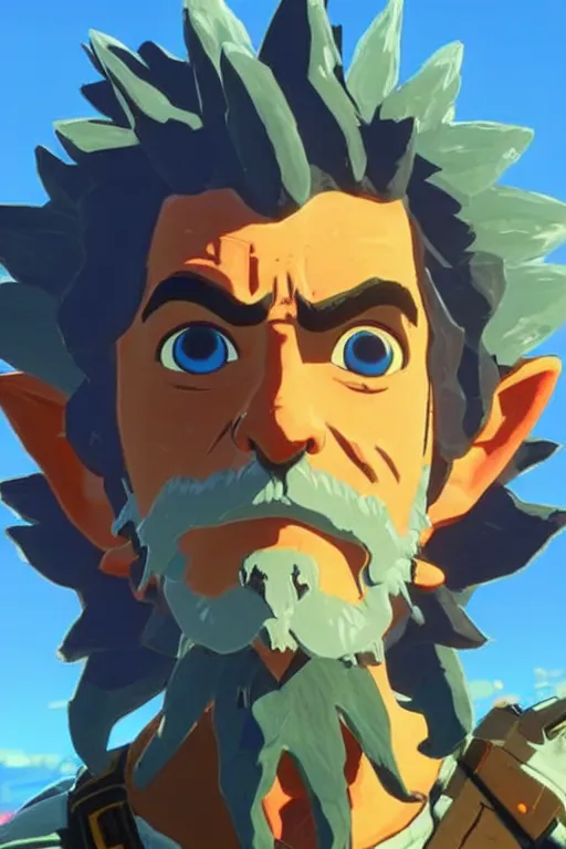 Image similar to an in game portrait of rick sanchez from the legend of zelda breath of the wild, breath of the wild art style.