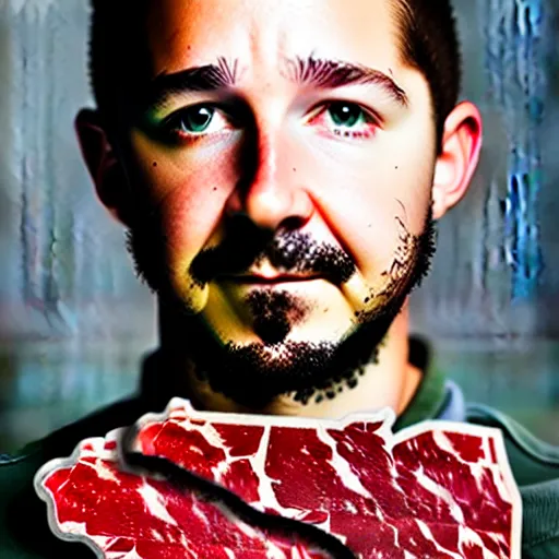 Prompt: uhd photorealistic shia labeouf made out of pieces of beef. photo by annie leibowitz