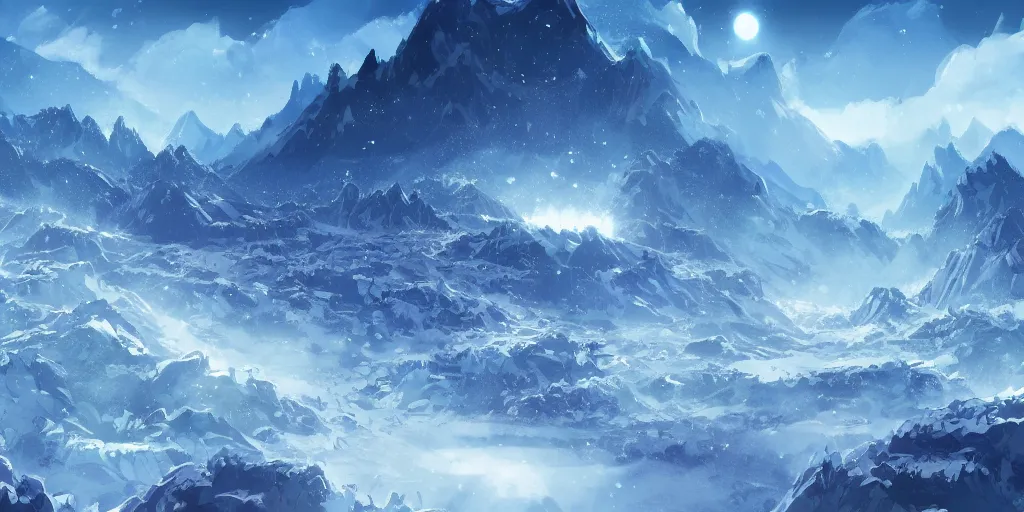 Prompt: blue themed ice crystal mountain landscape, meteor shower, epic, miyazaki style, cinematic, indie, highly detailed, featured on artstation, highly detailed, abstract