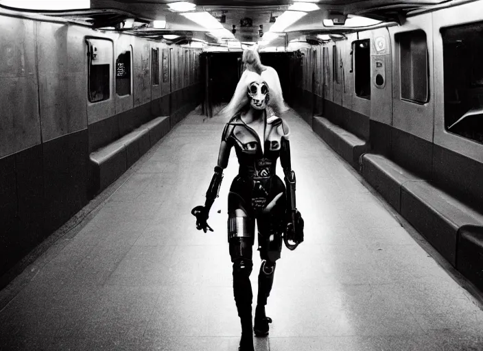 Image similar to cyberpunk cyborg girl with combat equipment and a gun for an arm, in a futuristic subway, richard avedon, tri - x pan