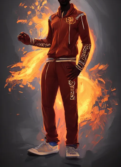 Image similar to a highly detailed illustration of attractive young african guy with flaming hair wearing tracksuit, dramatic standing pose, intricate, elegant, highly detailed, centered, digital painting, artstation, concept art, smooth, sharp focus, league of legends concept art, wlop