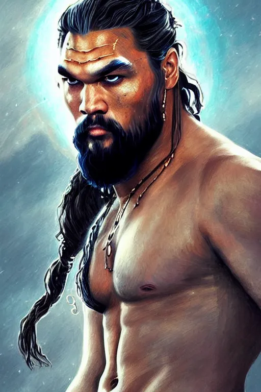Prompt: beautiful, ethereal khal drogo ( jason momoa ) portrait, intricate art deco dragon designs, elegant, highly detailed burning background, sharp focus, game of thrones art by artgerm and beeple and greg rutkowski and wlop