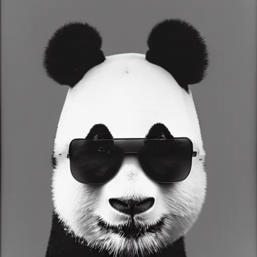 Image similar to grainy head to shoulder portrait polaroid film photograph of a panda in a mall wearing aviator shades. super resolution. surreal. extremely detailed. polaroid 6 0 0 film. by annie leibovitz and richard avedon