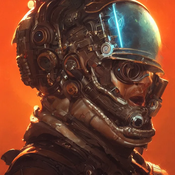 Prompt: a head and shoulders portrait of a space pirate, neon, retro, steampunk, smooth, sharp focus, intricate, artstation, detailed concept art by Greg Rutkowski and Norman Rockwell