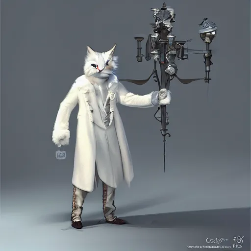 Image similar to white anthropomorphic lynx cat in victorian white man suit and white fur coat, full body by craig mullins and noriyoshi ohrai, unreal engine character, furry art, steampunk fantasy style, 4 k, trending on artstation