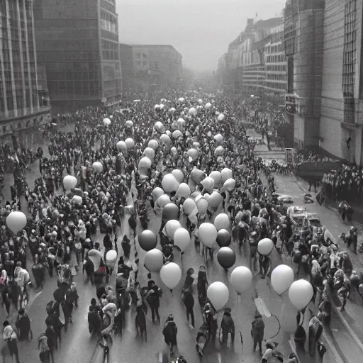 Image similar to A large group of people parading through the street holding balloons, there are a lot of ballons, calm afternoon, overcast day, 1980s.