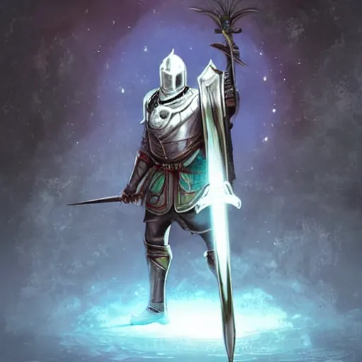 Image similar to Knight of the Light holds a glowing sword in front of him, fantastic art