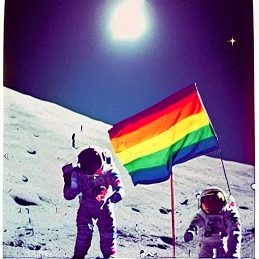 Image similar to astronaut with the lgbt flag on the moon, polaroid photo, perfect photo, photo pinterest