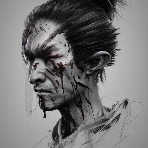 Image similar to Sickly diseased dying Samurai warrior, portrait by Cedric Peyravernay, highly detailed, excellent composition, cinematic concept art, dramatic lighting, trending on ArtStation