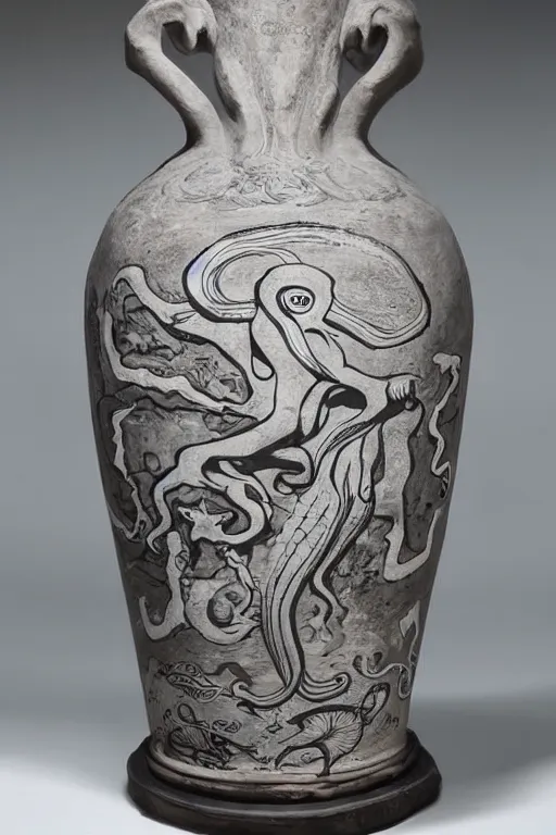 Image similar to A greek amphora with Cthulhu drawings on it, outstanding, high quality, highly detailed, award-winning