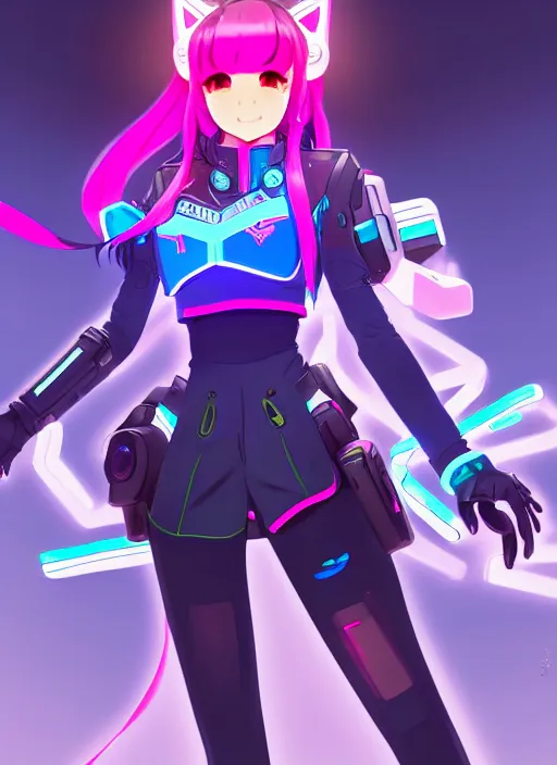 Prompt: a full body portrait of d. va from overwatch in anime style, finely detailed features, closeup at the faces, perfect art, in a cyberpunk themed room, gapmoe yandere grimdark, trending on pixiv fanbox, by greg rutkowski, makoto shinkai, takashi takeuchi, pixar, akihiko yoshida