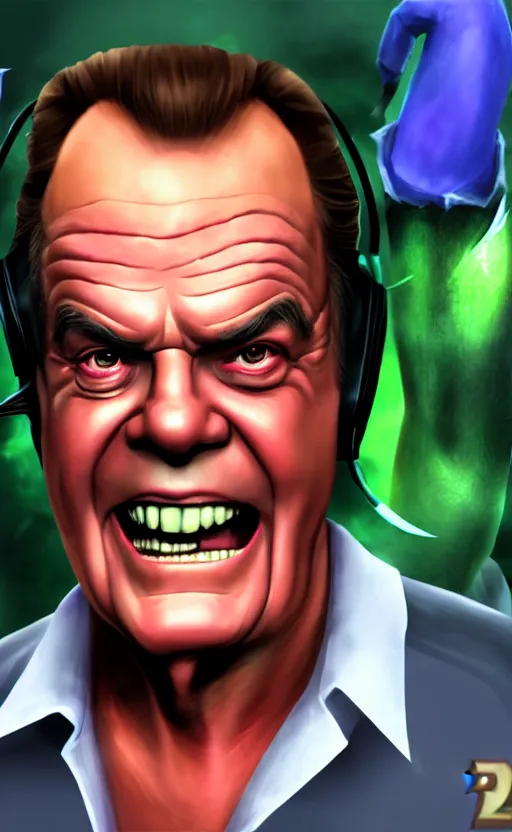 Image similar to Jack Nicholson as a character in the game League of Legends, with a background based on the game League of Legends, detailed face, old 3d graphics