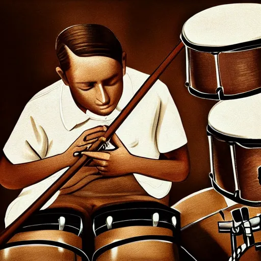Prompt: 1940's musician playing drums, drumkit, drum sticks in hand, photorealistic art, hd, 8k, intricate details, high definition
