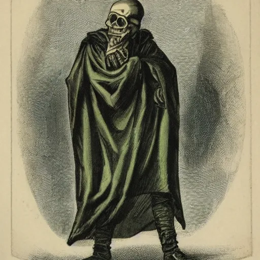 Image similar to a man wearing a black cloak with a skull head killing a man in green