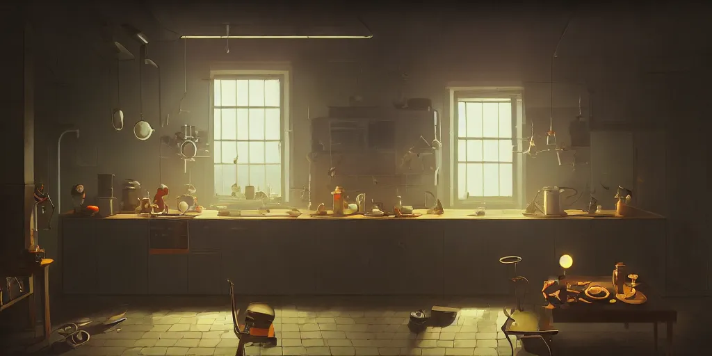 Prompt: minimalistic kitchen dim lit by a candle ripped physique simon stalenhag gerald brom bastien grivet by greg rutkowski, fisheye camera, extreme perspective