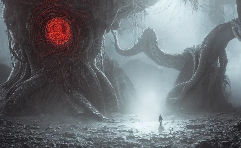Image similar to realistic photo of a lovecraft creature in a hell gate portal, filaments, translucent, photorealistic, intricate, extremely detailed, hyperrealism, high resolution, fine detail, ultra - detailed, by marc simonetti, natural volumetric lighting, realistic 4 k octane beautifully detailed render, 4 k post, volumetric fog, misterious mist, trending on artstation