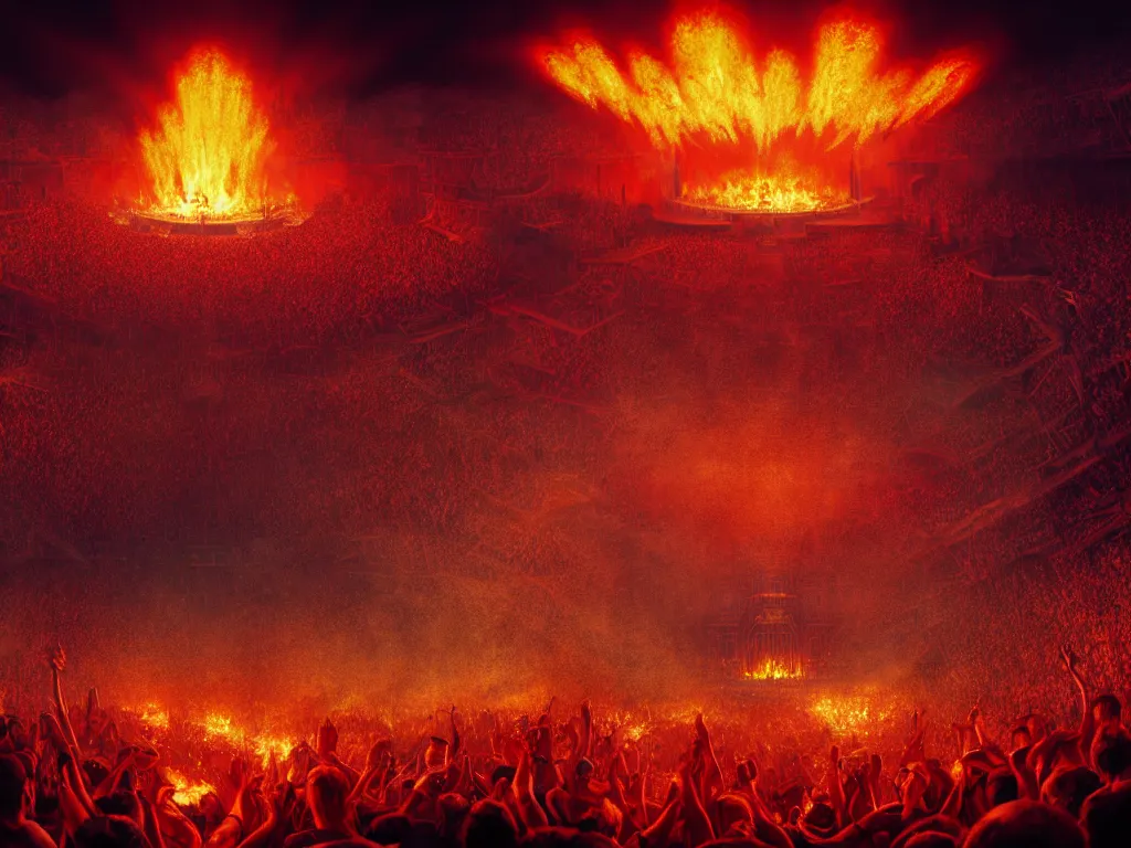 Image similar to 4 k photograph of a concert in hell, brightly lit stage centered and on fire, high contrast, stage lighting, pyrotechnics, ghibli animated film, volumetric lighting, octane render by stanley artgerm lau, greg rutkowski, thomas kindkade, alphonse mucha, loish, norman rockwel,