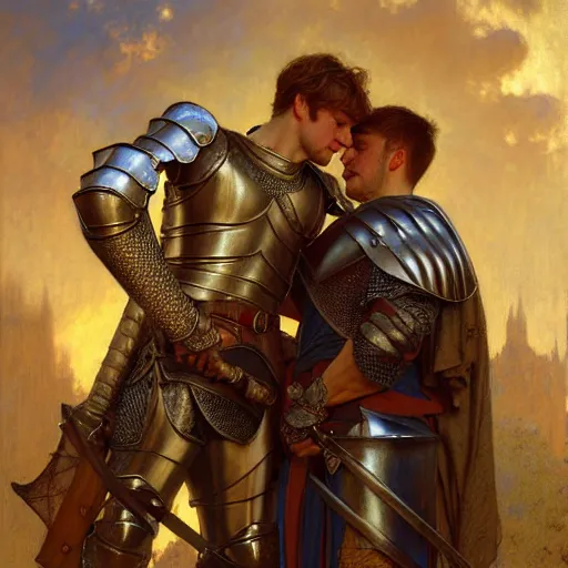 Image similar to attractive arthur pendragon and his attractive male knight, they are in love, natural lighting, path traced, highly detailed, high quality, digital painting, by gaston bussiere, craig mullins, alphonse mucha j. c. leyendecker