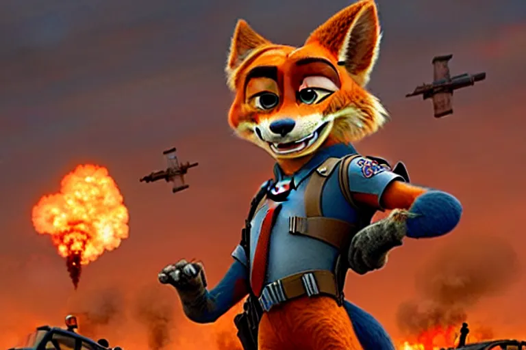 Image similar to nick wilde ( from zootopia ), heavily armed and armored facing down armageddon in a dark and gritty reboot from the makers of mad max : fury road