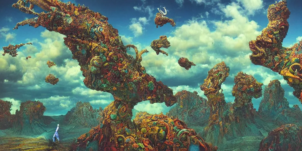 Image similar to ultrawide angle colour masterpiece surreal closeup portrait photography of surrealism by annie leibovitz and michael cheval, god mountain hybrid laying down, incredible sense of depth and perspective and clarity, weird surreal epic psychedelic complex biomorphic 3 d fractal landscape in background by kilian eng and roger dean and giger and salvador dali and beksinski, 8 k