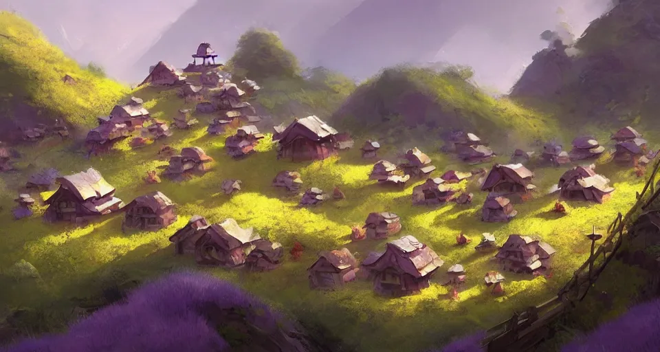 Image similar to beautiful village with japaneese mushroom houses on a mountain slope, realistic concept art, eytan zana, one pixel brush, lavander and yellow color scheme, concept art, trending on artstation