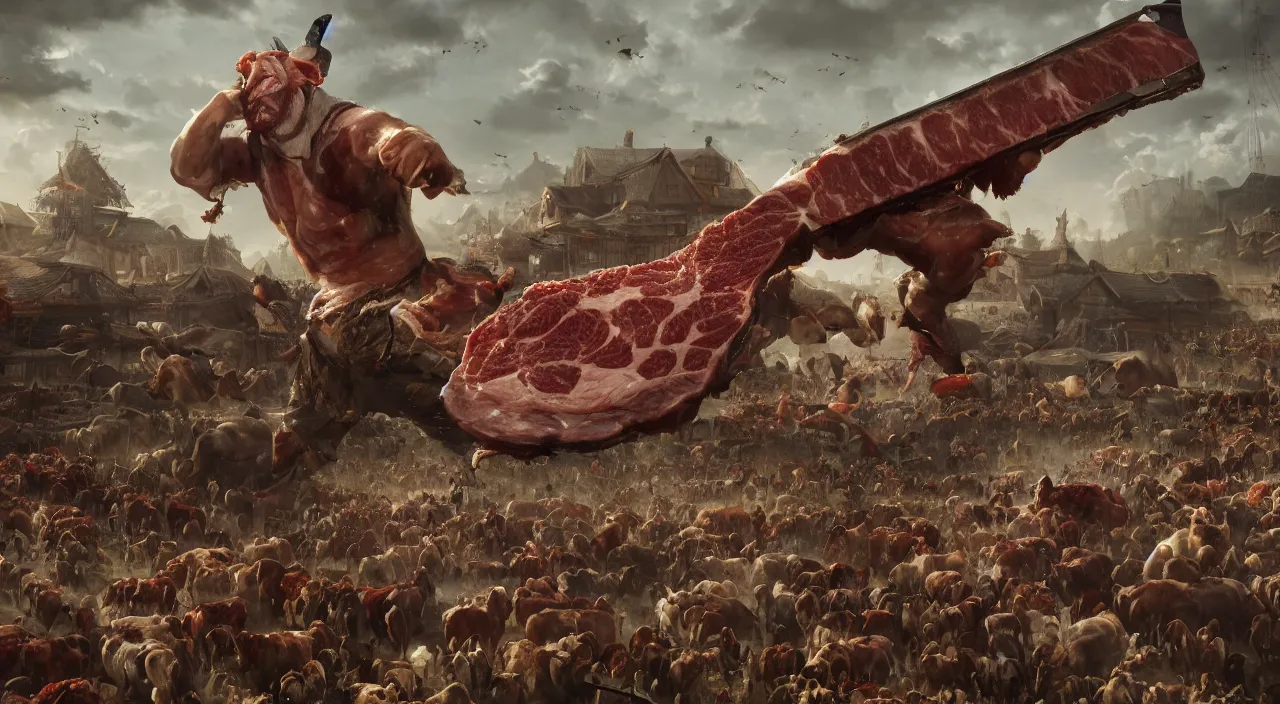 Image similar to a giant butcher holding a meat cleaver invading a huge animal farm, large scale, breathtaking, mixed media, digital art, trending on artstation, 8k, epic composition, highly detailed, AAA graphics