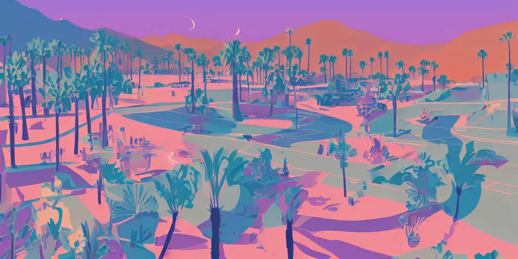 Prompt: a beautiful illustration Palm Springs by James Gilleard, geometric lines, 8k, 4k