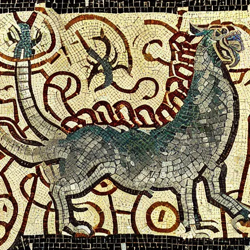 Prompt: a beautiful roman mosaic of a welsh dragon, england, circa 2 0 0 ad