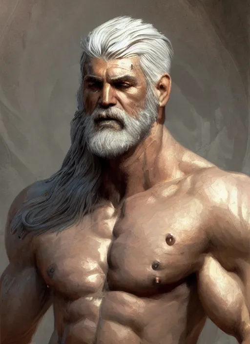 Image similar to painted portrait of rugged zeus, greek god, white hair, masculine, mature, handsome, upper body, muscular, hairy torso, fantasy, intricate, elegant, highly detailed, digital painting, artstation, concept art, smooth, sharp focus, illustration, art by gaston bussiere and craig mullins