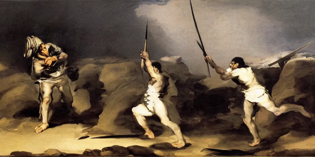 Prompt: a man with a spear kills his brother by francisco goya, detailed mythological painting, oil painting